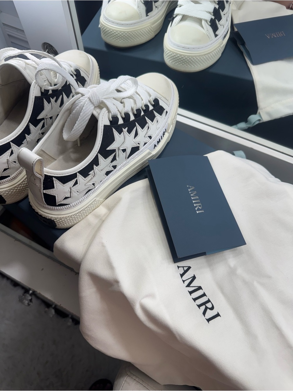 AMIRI Black Canvas Low-Top Sneakers with White Star Appliqués